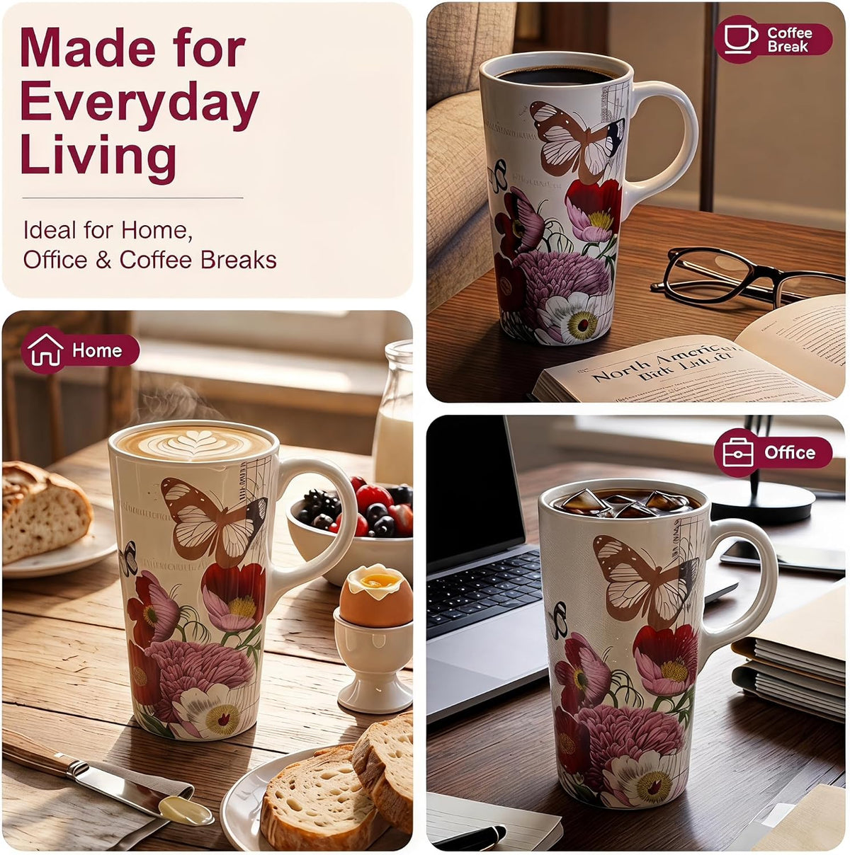 17oz Ceramic Travel Mug with Lid, Christian Butterfly Coffee Mug | Large Coffee Mug with Handle, Psalm 39:7 Floral Design, Microwave & Dishwasher Safe, Gift Box Included