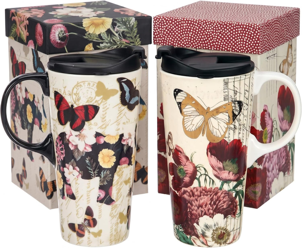 17oz Ceramic Travel Mug with Lid, Christian Butterfly Coffee Mug | Large Coffee Mug with Handle, Psalm 39:7 Floral Design, Microwave & Dishwasher Safe, Gift Box Included