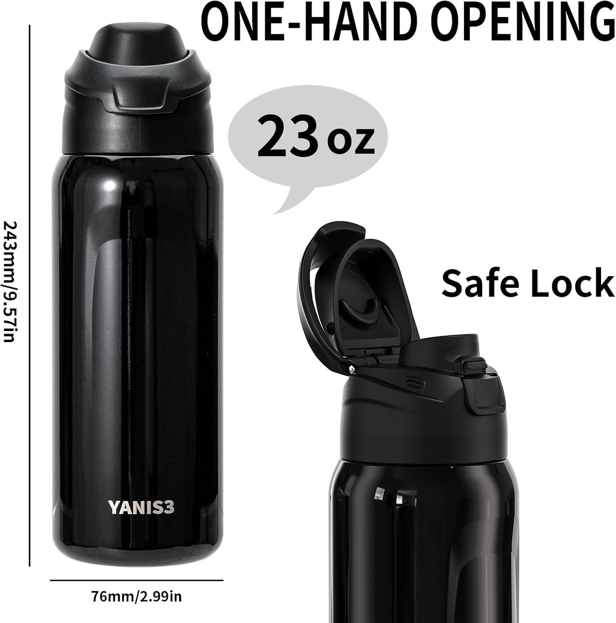 23 oz Vacuum Insulated Thermo Sport Water Bottel,Stainless Steel Double Wall Car Cups,Keeping Hot Cold,Travel Mug with Leakproof Lid,Tumbler for Coffee Tea Bevarage,Used at Gym,Office (Black)