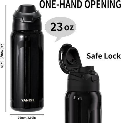 23 oz Vacuum Insulated Thermo Sport Water Bottel,Stainless Steel Double Wall Car Cups,Keeping Hot Cold,Travel Mug with Leakproof Lid,Tumbler for Coffee Tea Bevarage,Used at Gym,Office (Black)