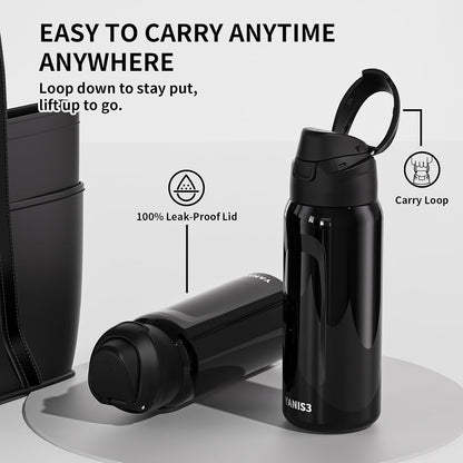 23 oz Vacuum Insulated Thermo Sport Water Bottel,Stainless Steel Double Wall Car Cups,Keeping Hot Cold,Travel Mug with Leakproof Lid,Tumbler for Coffee Tea Bevarage,Used at Gym,Office (Black)