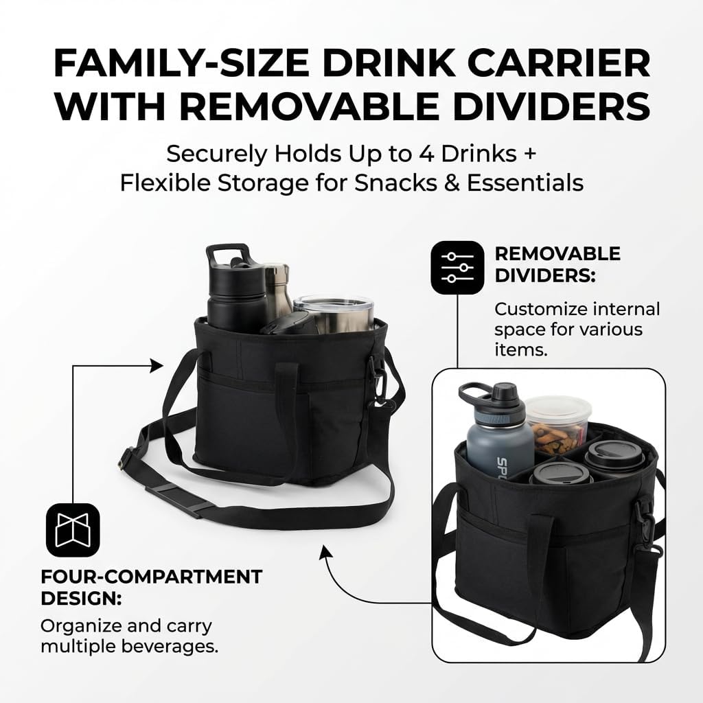 Drink Carrier, Family Size 4 Compartment Drink Bag, Insulated Leakproof Beverage Transport Bag with Divider, for Hiking, Walking, Sports, Family Outings & Daily Use