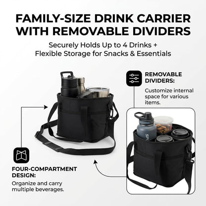 Drink Carrier, Family Size 4 Compartment Drink Bag, Insulated Leakproof Beverage Transport Bag with Divider, for Hiking, Walking, Sports, Family Outings & Daily Use
