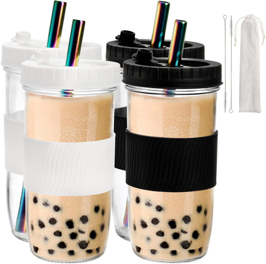 4 Pack 24 Oz Reusable Boba Cups with Lids and Straw, Iced Coffee & Smoothie Cups, Bubble Tea & Mason Jar Style with Silicone Sleeve, BPA Free, Dishwasher Safe, 2 Colors
