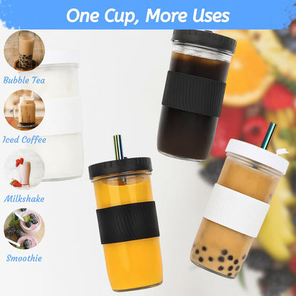 4 Pack 24 Oz Reusable Boba Cups with Lids and Straw, Iced Coffee & Smoothie Cups, Bubble Tea & Mason Jar Style with Silicone Sleeve, BPA Free, Dishwasher Safe, 2 Colors