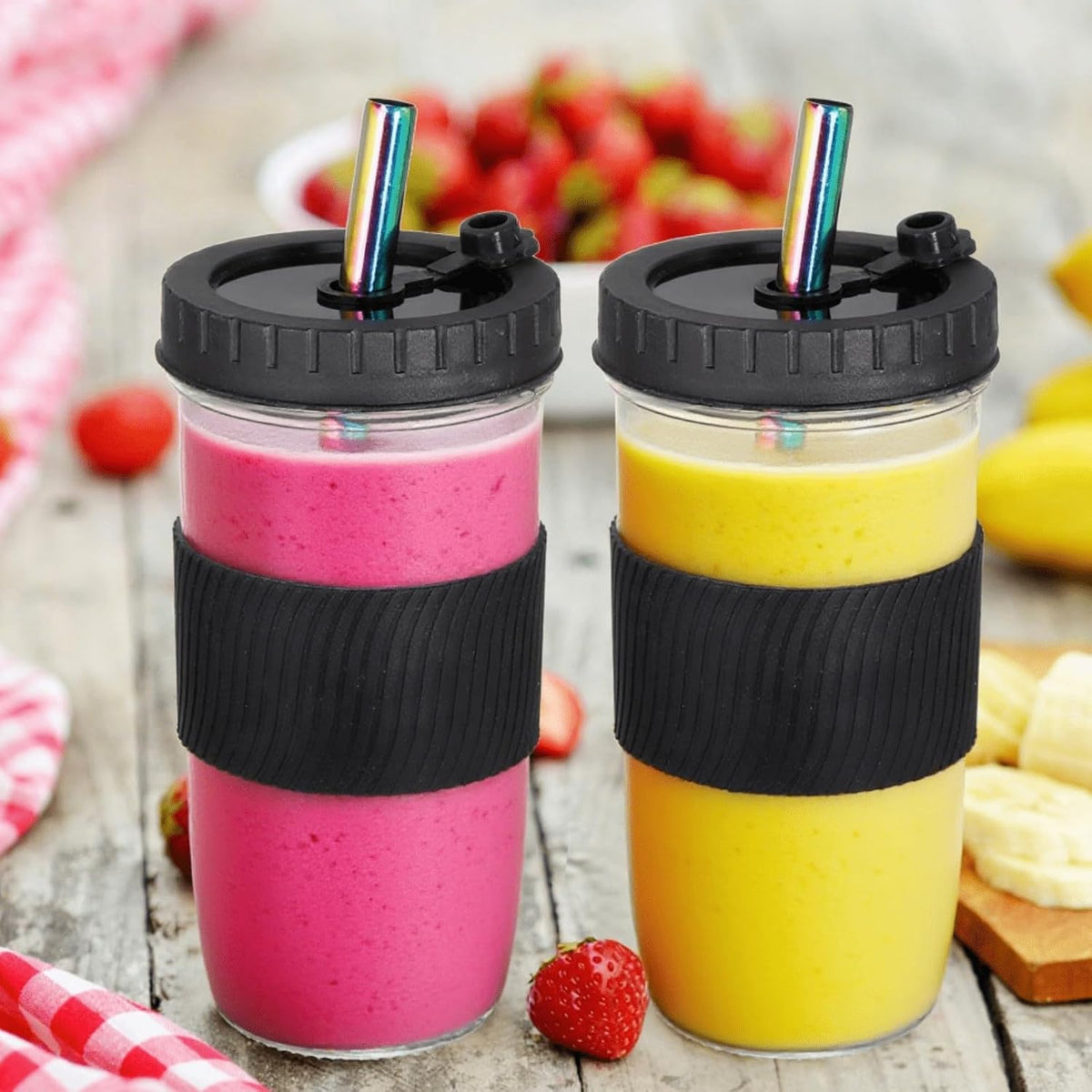 4 Pack 24 Oz Reusable Boba Cups with Lids and Straw, Iced Coffee & Smoothie Cups, Bubble Tea & Mason Jar Style with Silicone Sleeve, BPA Free, Dishwasher Safe, 2 Colors