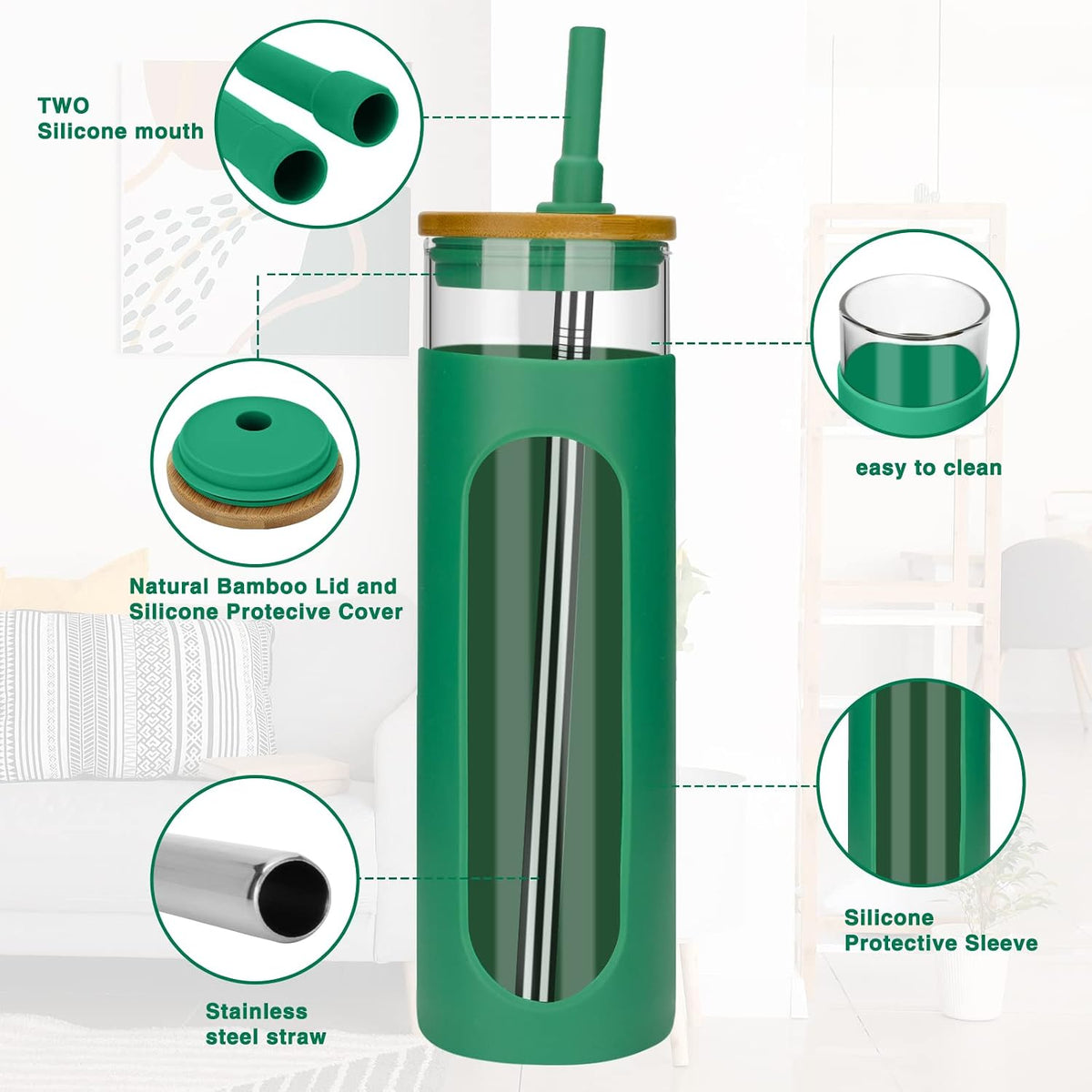 26 oz Glass Tumbler with Lid & Straw, Reusable Iced Coffee Cups and Smoothie Cup with Bamboo Lid for Boba Tea, Coffee, Juice, BPA-Free Borosilicate Glass Cup for Home, Office & Gifts – 1 Pack