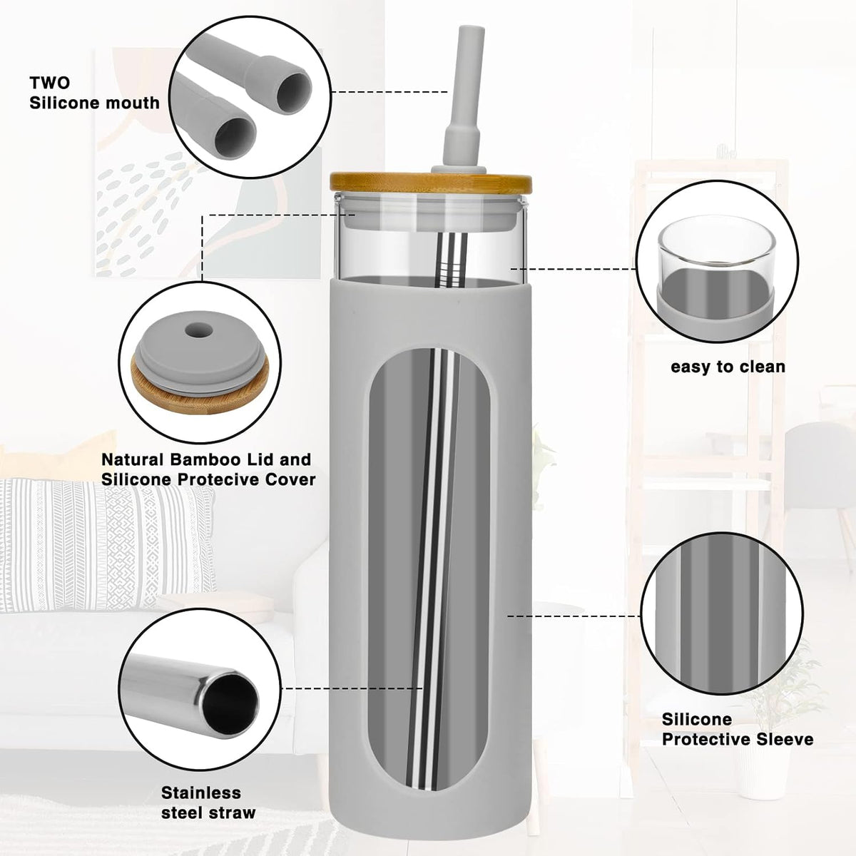 26 oz Glass Tumbler with Lid & Straw, Reusable Iced Coffee Cups and Smoothie Cup with Bamboo Lid for Boba Tea, Coffee, Juice, BPA-Free Borosilicate Glass Cup for Home, Office & Gifts – 1 Pack