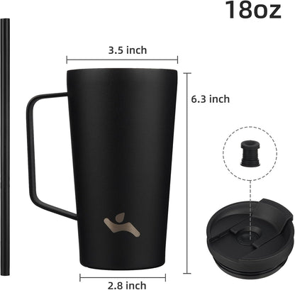 18 oz Insulated Tumbler with Handle & Straw, Stainless Steel Mug | Blue; BPA-free, leak-proof reusable bottle for coffee, iced drinks, office, travel, outdoor use & daily hydration