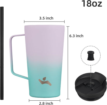18 oz Insulated Tumbler with Handle & Straw, Stainless Steel Mug | Blue; BPA-free, leak-proof reusable bottle for coffee, iced drinks, office, travel, outdoor use & daily hydration