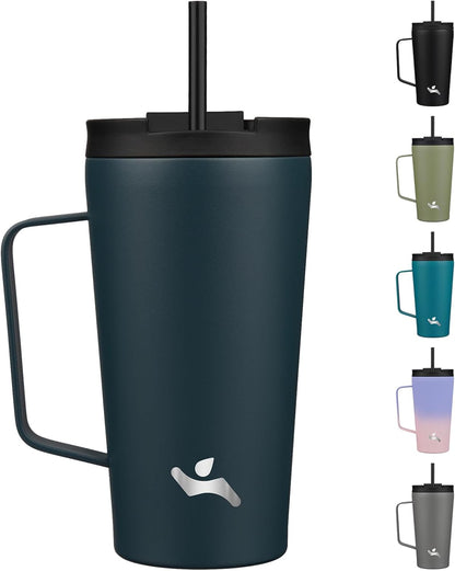 18 oz Insulated Tumbler with Handle & Straw, Stainless Steel Mug | Blue; BPA-free, leak-proof reusable bottle for coffee, iced drinks, office, travel, outdoor use & daily hydration