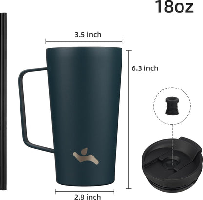 18 oz Insulated Tumbler with Handle & Straw, Stainless Steel Mug | Blue; BPA-free, leak-proof reusable bottle for coffee, iced drinks, office, travel, outdoor use & daily hydration