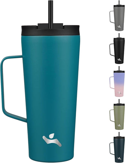 18 oz Insulated Tumbler with Handle & Straw, Stainless Steel Mug | Blue; BPA-free, leak-proof reusable bottle for coffee, iced drinks, office, travel, outdoor use & daily hydration