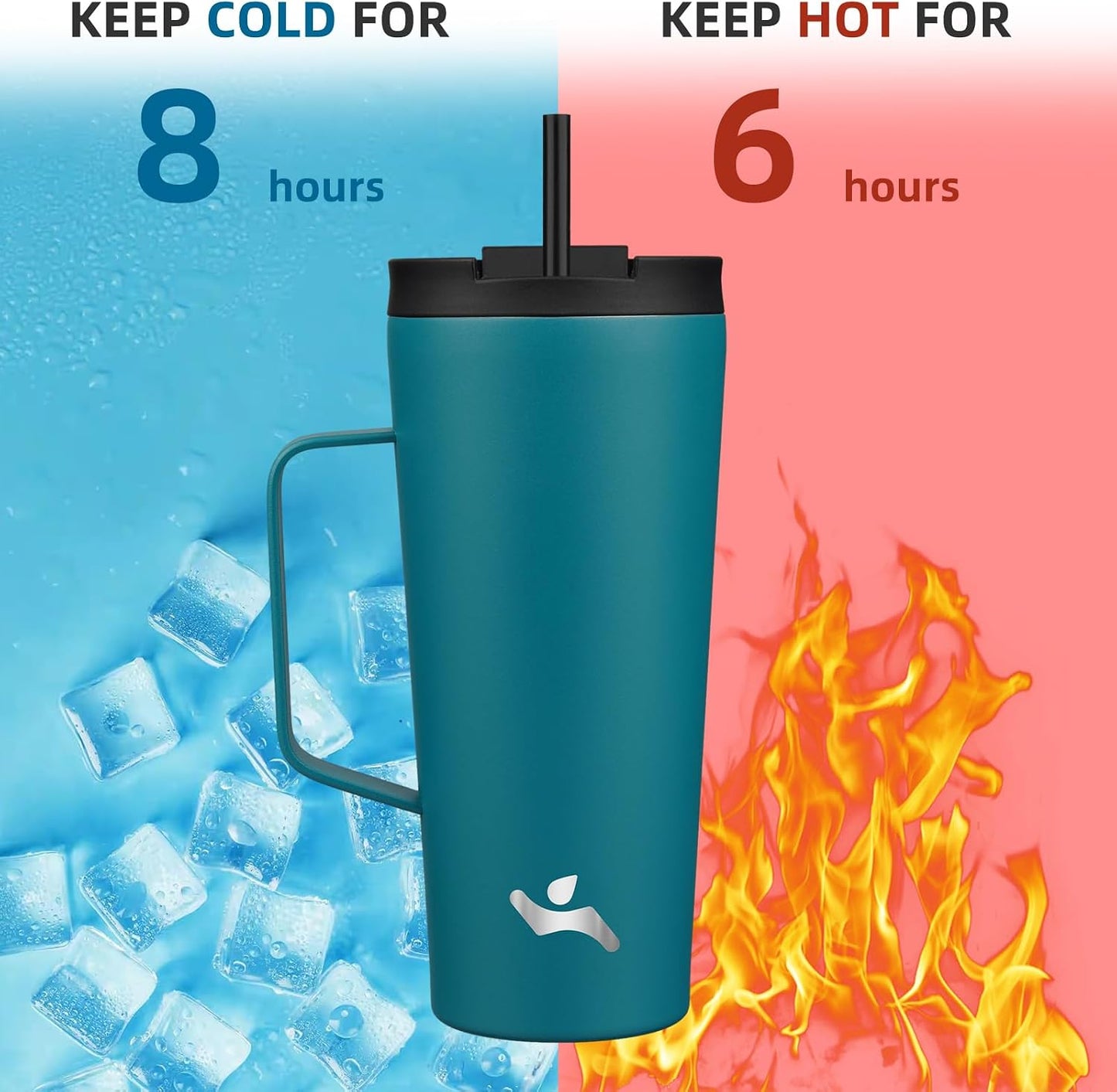 18 oz Insulated Tumbler with Handle & Straw, Stainless Steel Mug | Blue; BPA-free, leak-proof reusable bottle for coffee, iced drinks, office, travel, outdoor use & daily hydration