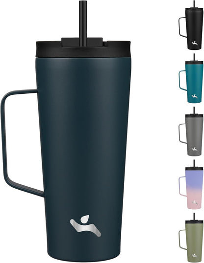 18 oz Insulated Tumbler with Handle & Straw, Stainless Steel Mug | Blue; BPA-free, leak-proof reusable bottle for coffee, iced drinks, office, travel, outdoor use & daily hydration
