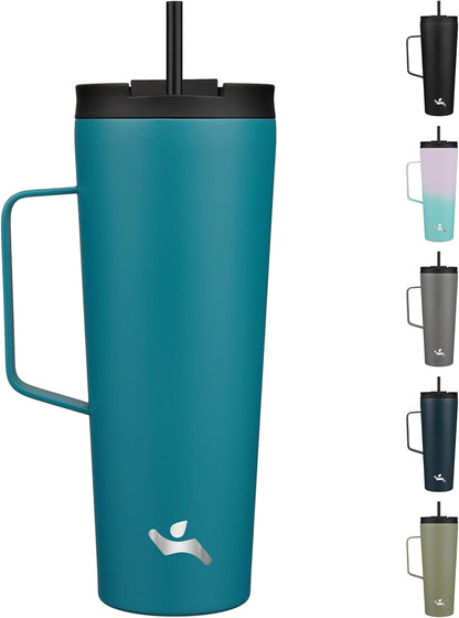 18 oz Insulated Tumbler with Handle & Straw, Stainless Steel Mug | Blue; BPA-free, leak-proof reusable bottle for coffee, iced drinks, office, travel, outdoor use & daily hydration