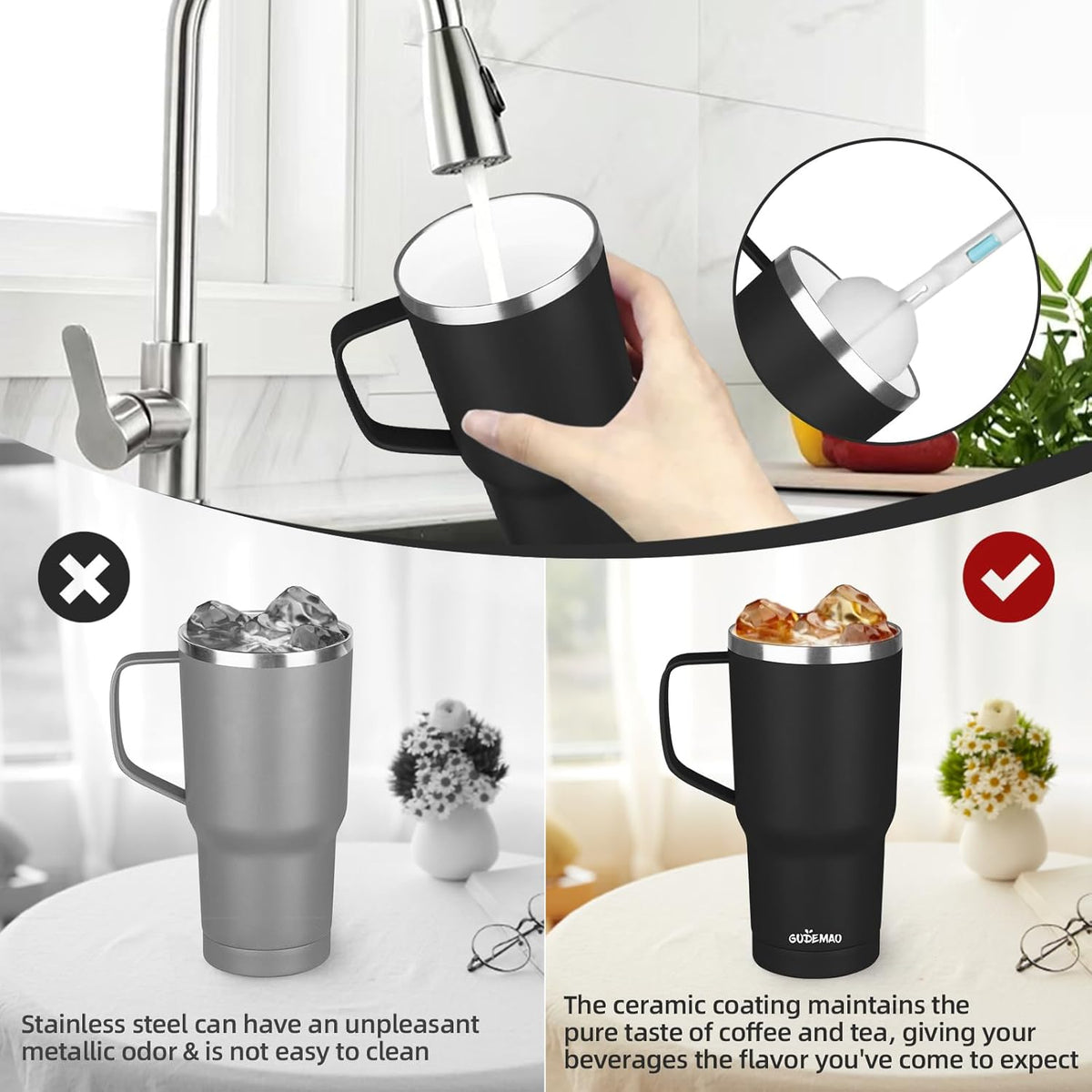 20 oz Insulated Coffee Mug with Ceramic Coating, Stainless Steel Travel Mug Tumbler with Handle Lid and Straw, Double Wall Leak-Proof Coffee Travel Mug Keeps Drink Hot and Cold (Black)