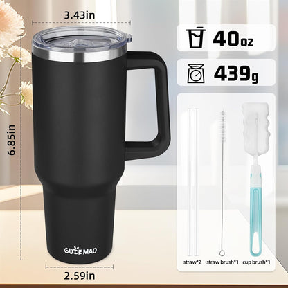 20 oz Insulated Coffee Mug with Ceramic Coating, Stainless Steel Travel Mug Tumbler with Handle Lid and Straw, Double Wall Leak-Proof Coffee Travel Mug Keeps Drink Hot and Cold (Black)