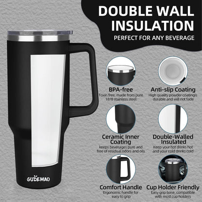 20 oz Insulated Coffee Mug with Ceramic Coating, Stainless Steel Travel Mug Tumbler with Handle Lid and Straw, Double Wall Leak-Proof Coffee Travel Mug Keeps Drink Hot and Cold (Black)