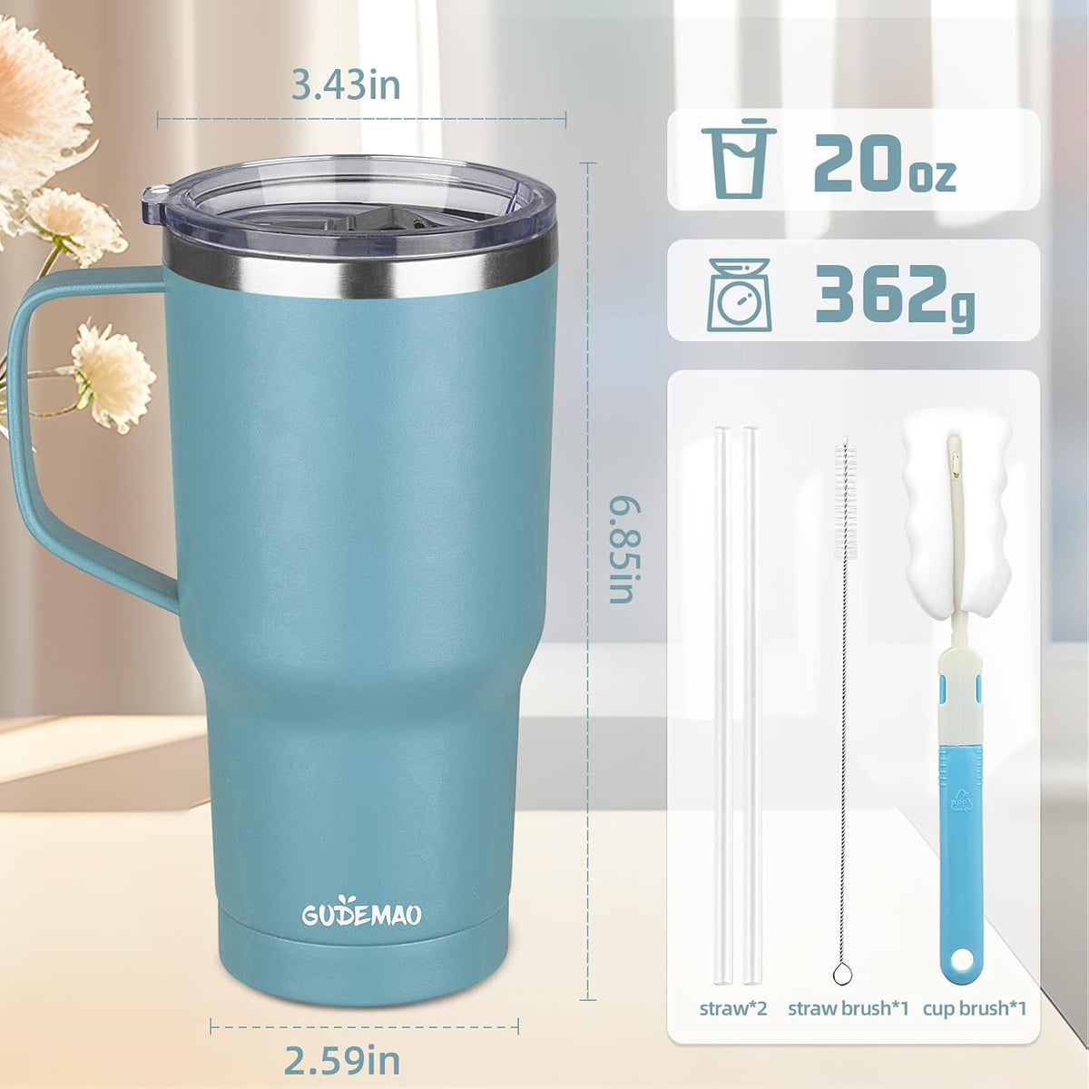 20 oz Insulated Coffee Mug with Ceramic Coating, Stainless Steel Travel Mug Tumbler with Handle Lid and Straw, Double Wall Leak-Proof Coffee Travel Mug Keeps Drink Hot and Cold (Black)