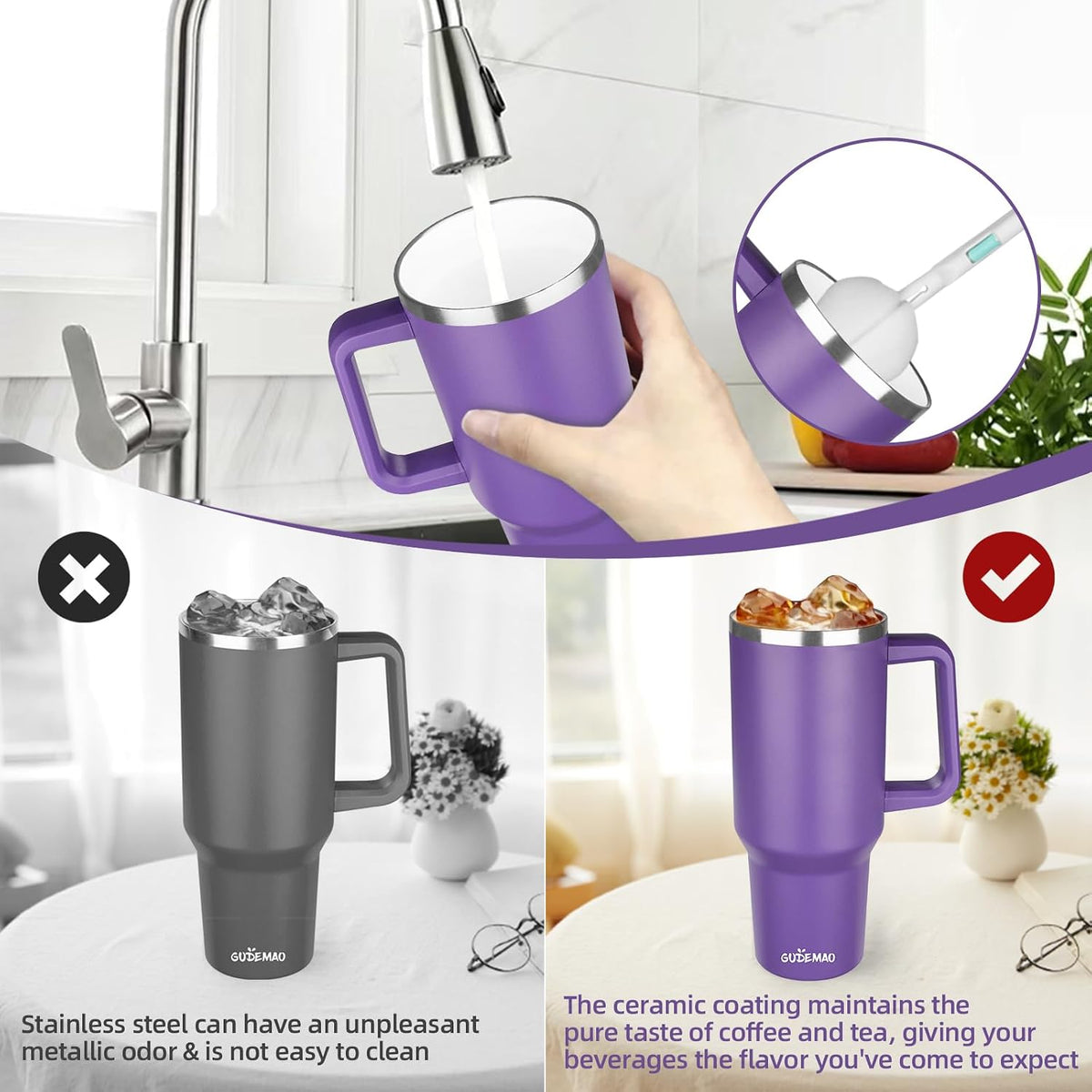 20 oz Insulated Coffee Mug with Ceramic Coating, Stainless Steel Travel Mug Tumbler with Handle Lid and Straw, Double Wall Leak-Proof Coffee Travel Mug Keeps Drink Hot and Cold (Black)