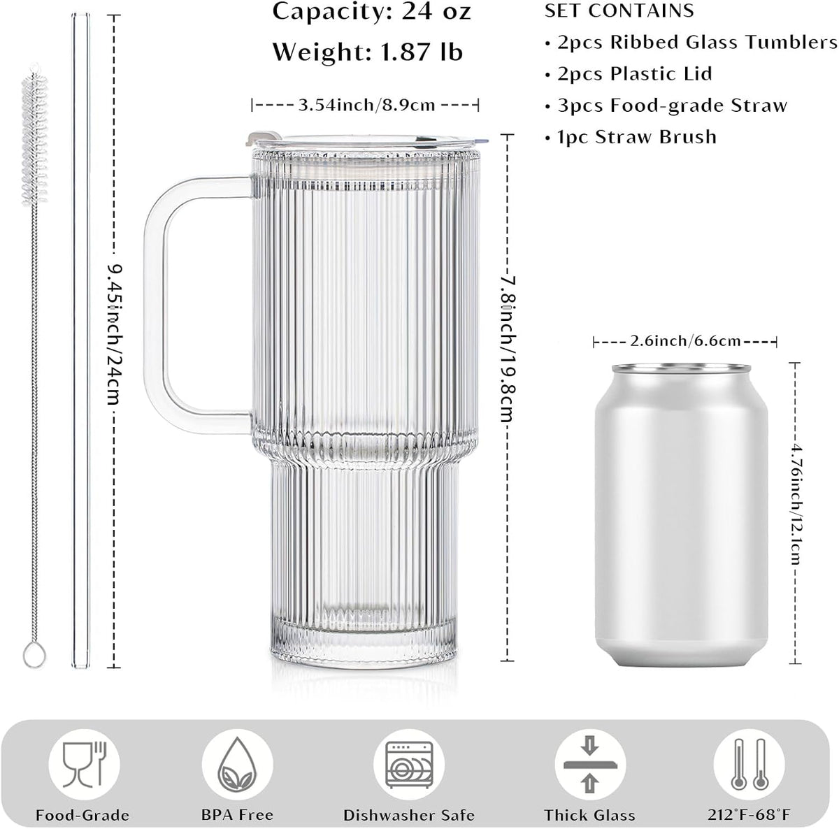 24 oz Ribbed Glass Tumbler with Handle, 2-Pack Iced Coffee Cups
