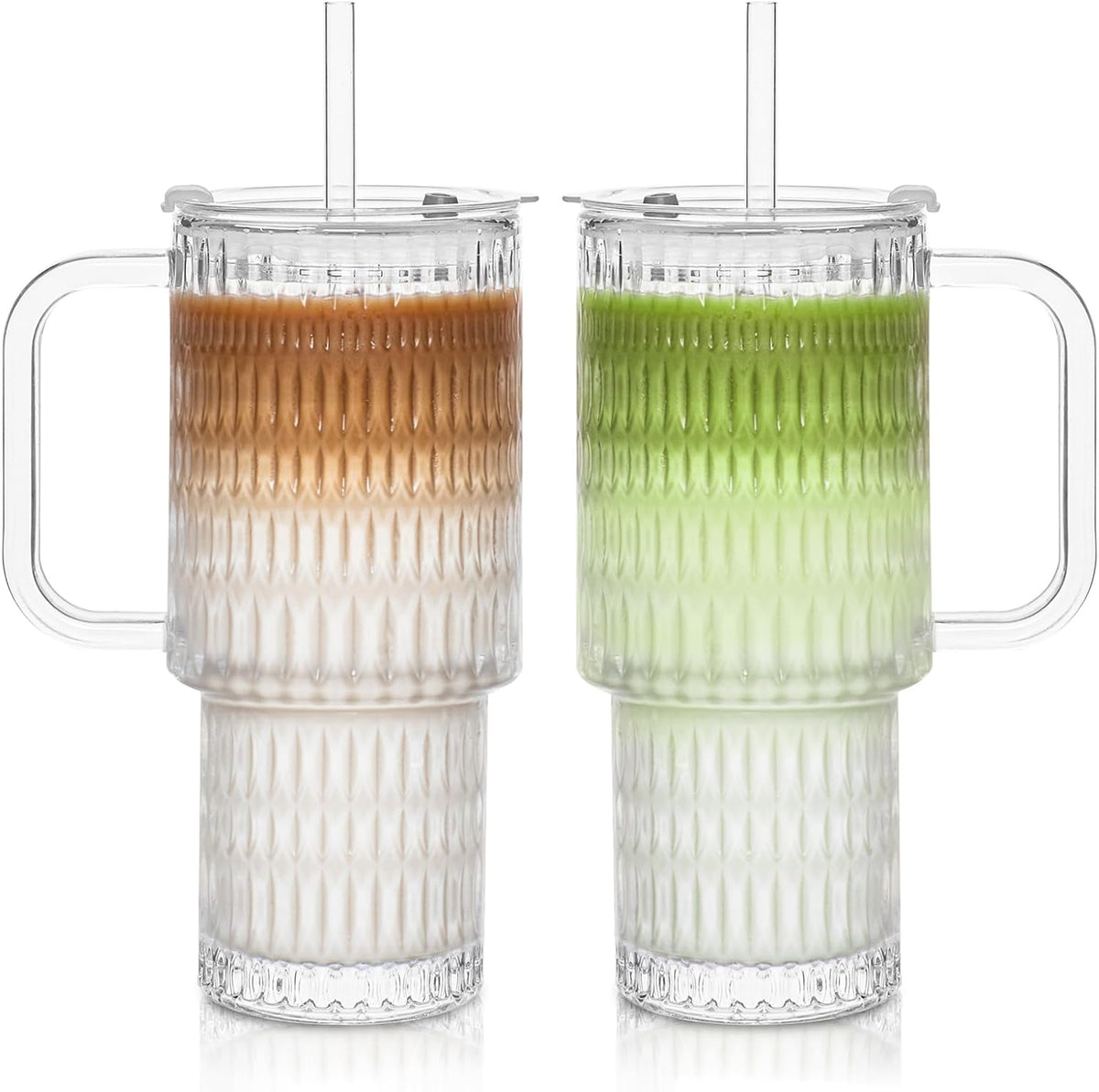 24 oz Ribbed Glass Tumbler with Handle, 2-Pack Iced Coffee Cups