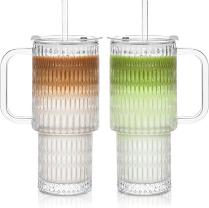 24 oz Ribbed Glass Tumbler with Handle, 2-Pack Iced Coffee Cups