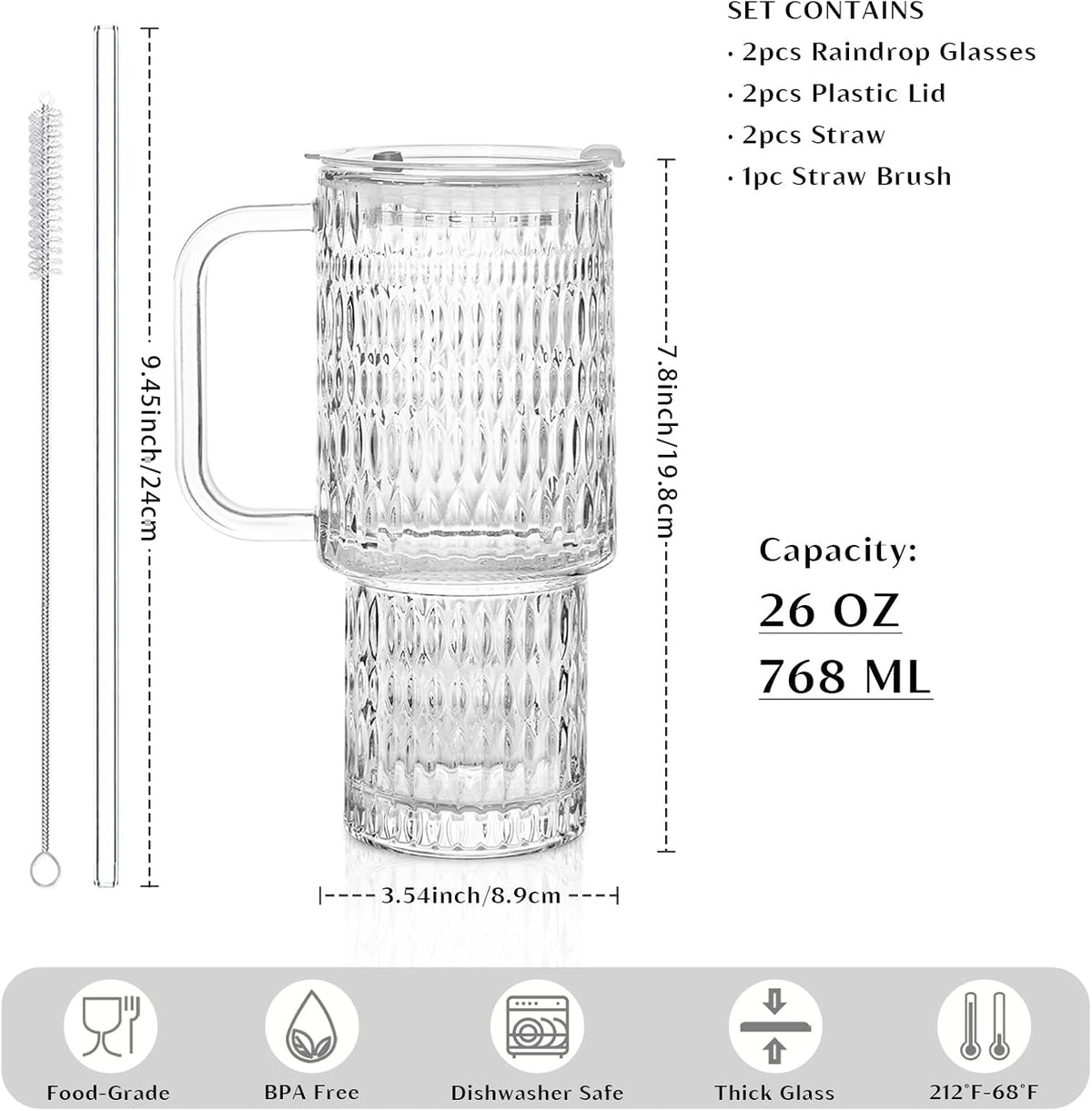 24 oz Ribbed Glass Tumbler with Handle, 2-Pack Iced Coffee Cups