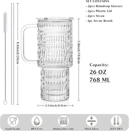 24 oz Ribbed Glass Tumbler with Handle, 2-Pack Iced Coffee Cups
