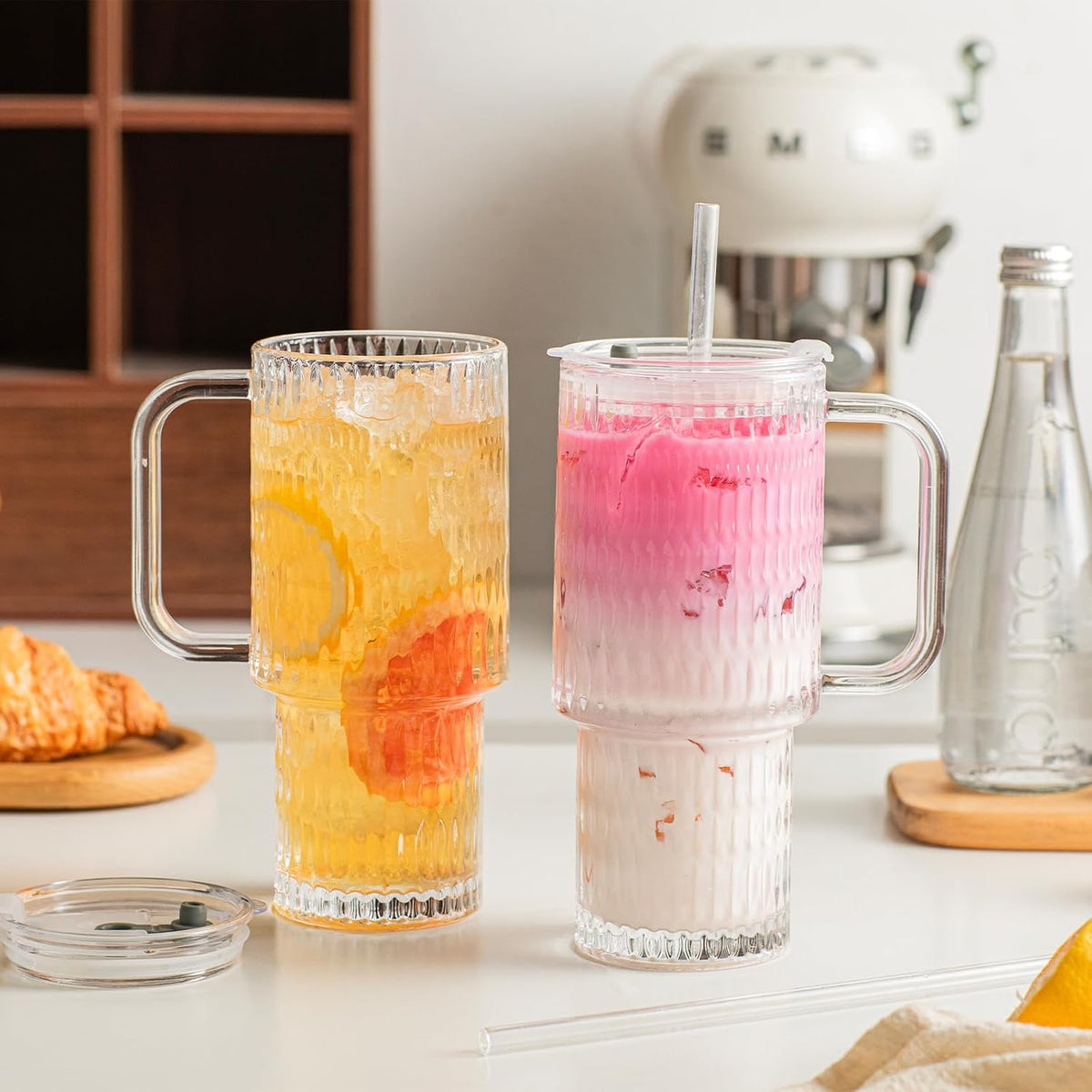 24 oz Ribbed Glass Tumbler with Handle, 2-Pack Iced Coffee Cups
