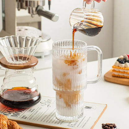 24 oz Ribbed Glass Tumbler with Handle, 2-Pack Iced Coffee Cups