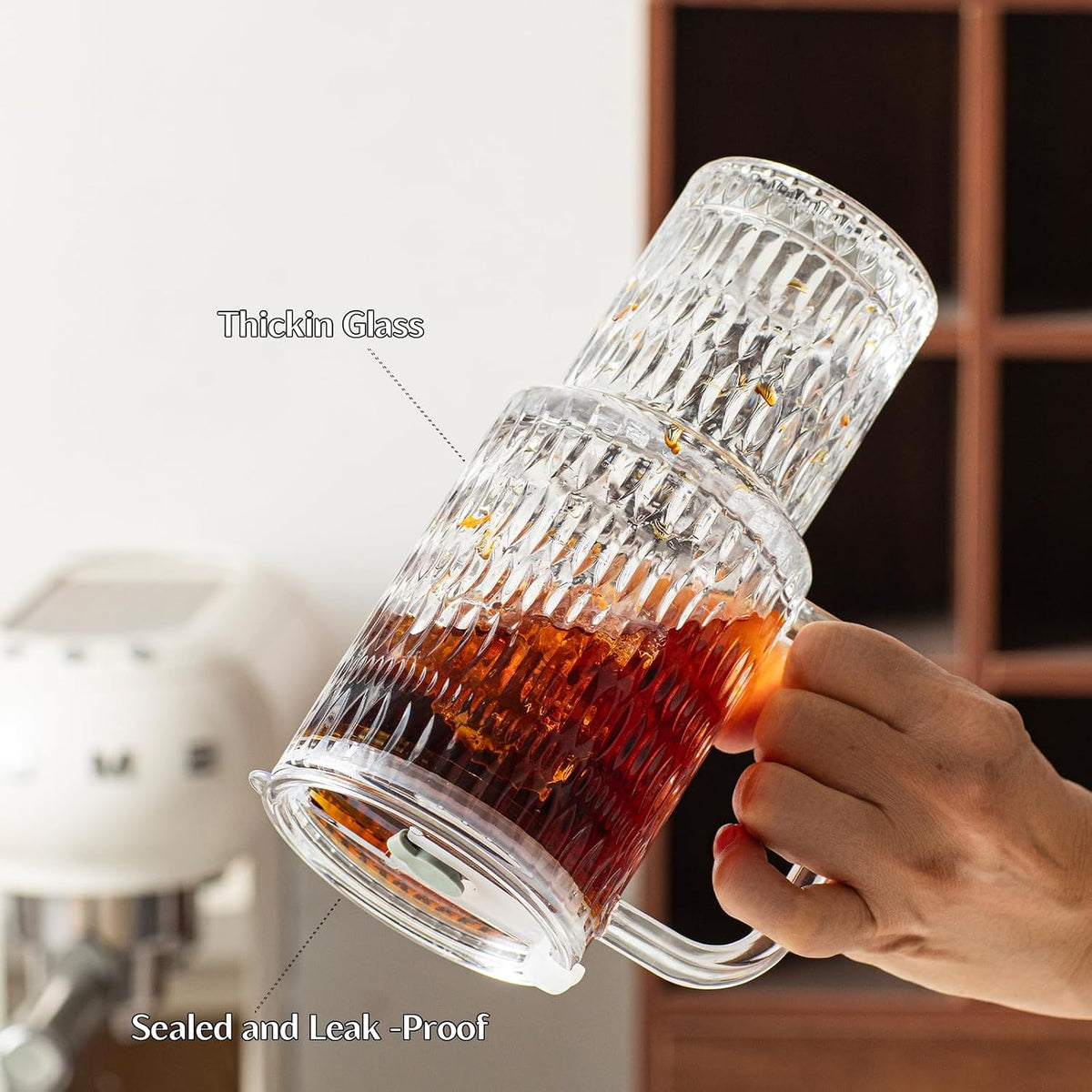 24 oz Ribbed Glass Tumbler with Handle, 2-Pack Iced Coffee Cups