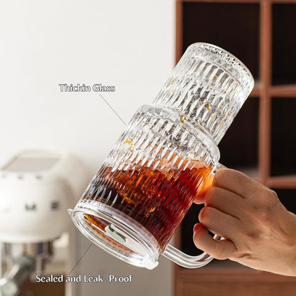 24 oz Ribbed Glass Tumbler with Handle, 2-Pack Iced Coffee Cups