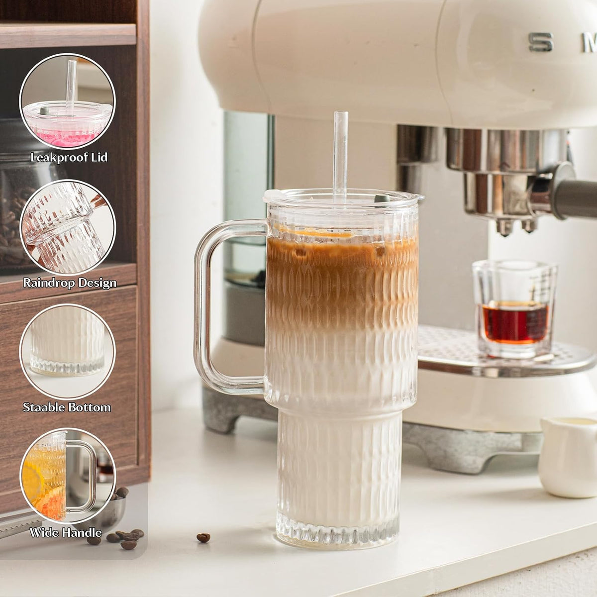 24 oz Ribbed Glass Tumbler with Handle, 2-Pack Iced Coffee Cups