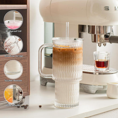 24 oz Ribbed Glass Tumbler with Handle, 2-Pack Iced Coffee Cups