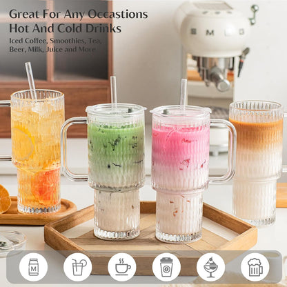 24 oz Ribbed Glass Tumbler with Handle, 2-Pack Iced Coffee Cups