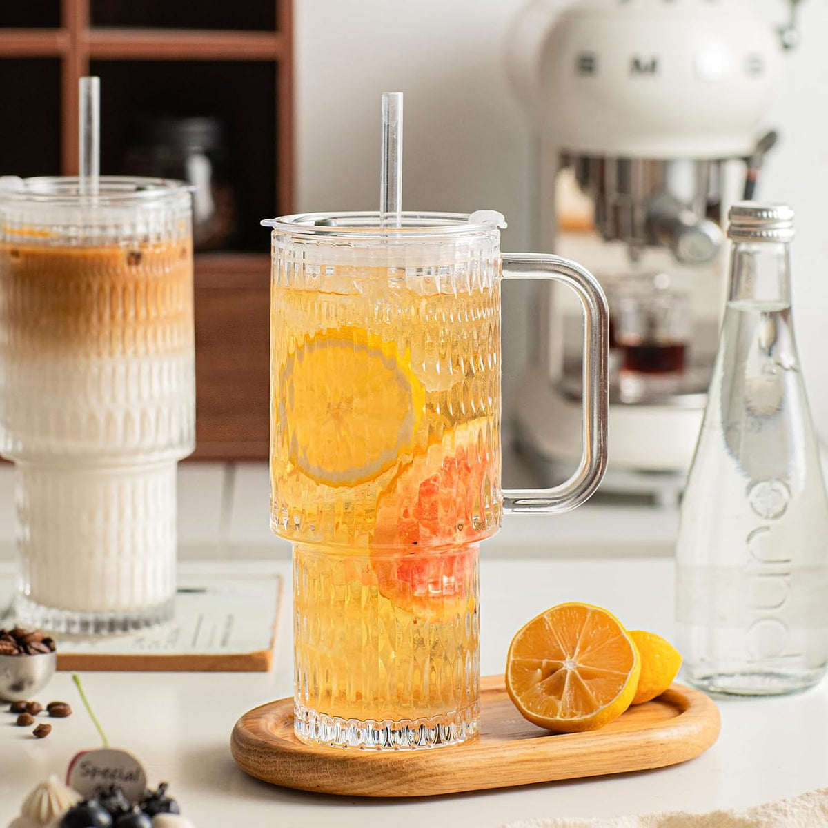 24 oz Ribbed Glass Tumbler with Handle, 2-Pack Iced Coffee Cups