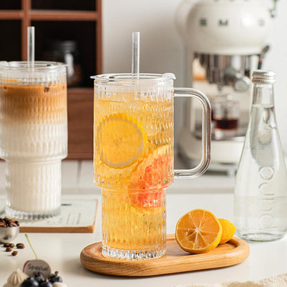 24 oz Ribbed Glass Tumbler with Handle, 2-Pack Iced Coffee Cups