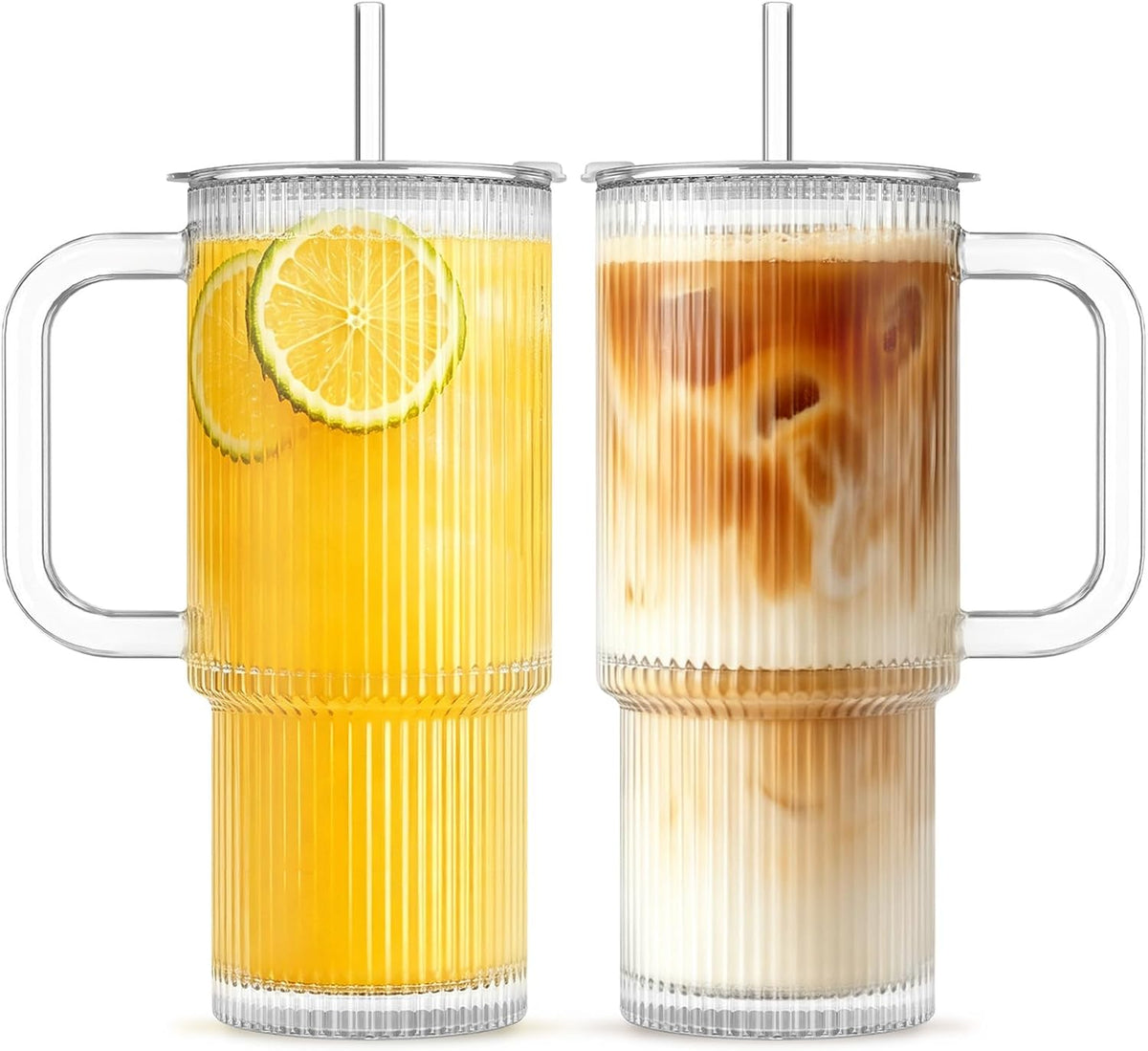 24 oz Ribbed Glass Tumbler with Handle, 2-Pack Iced Coffee Cups