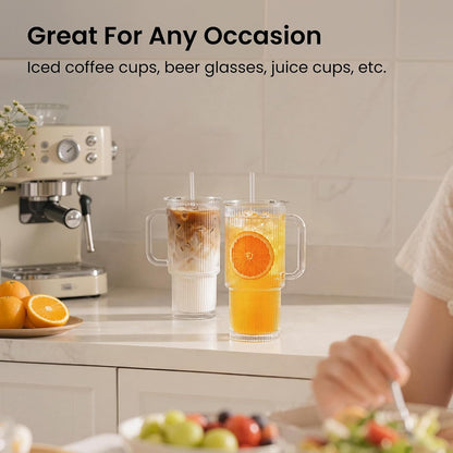 24 oz Ribbed Glass Tumbler with Handle, 2-Pack Iced Coffee Cups