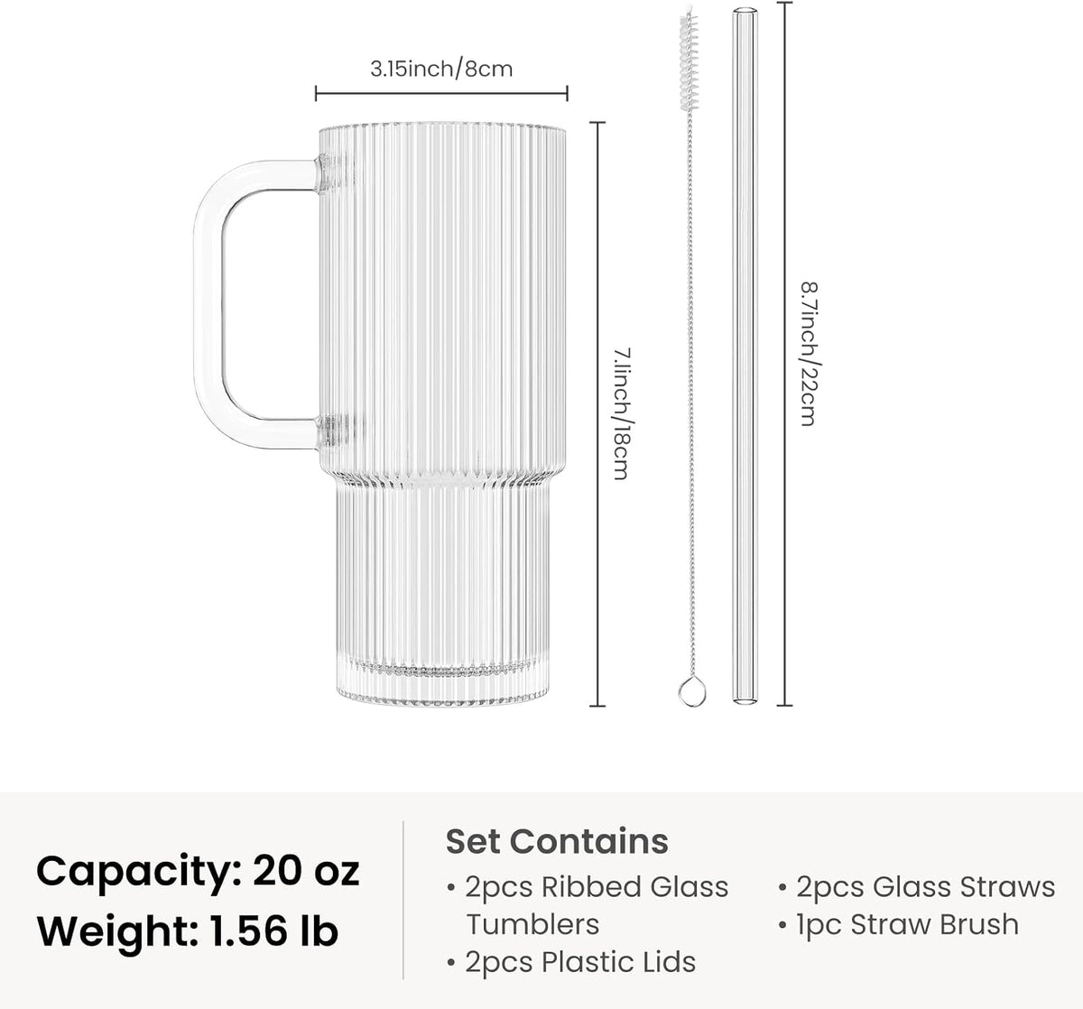 24 oz Ribbed Glass Tumbler with Handle, 2-Pack Iced Coffee Cups