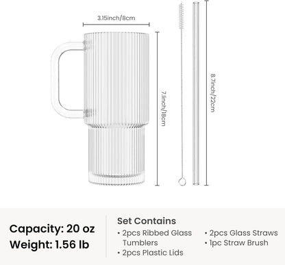 24 oz Ribbed Glass Tumbler with Handle, 2-Pack Iced Coffee Cups