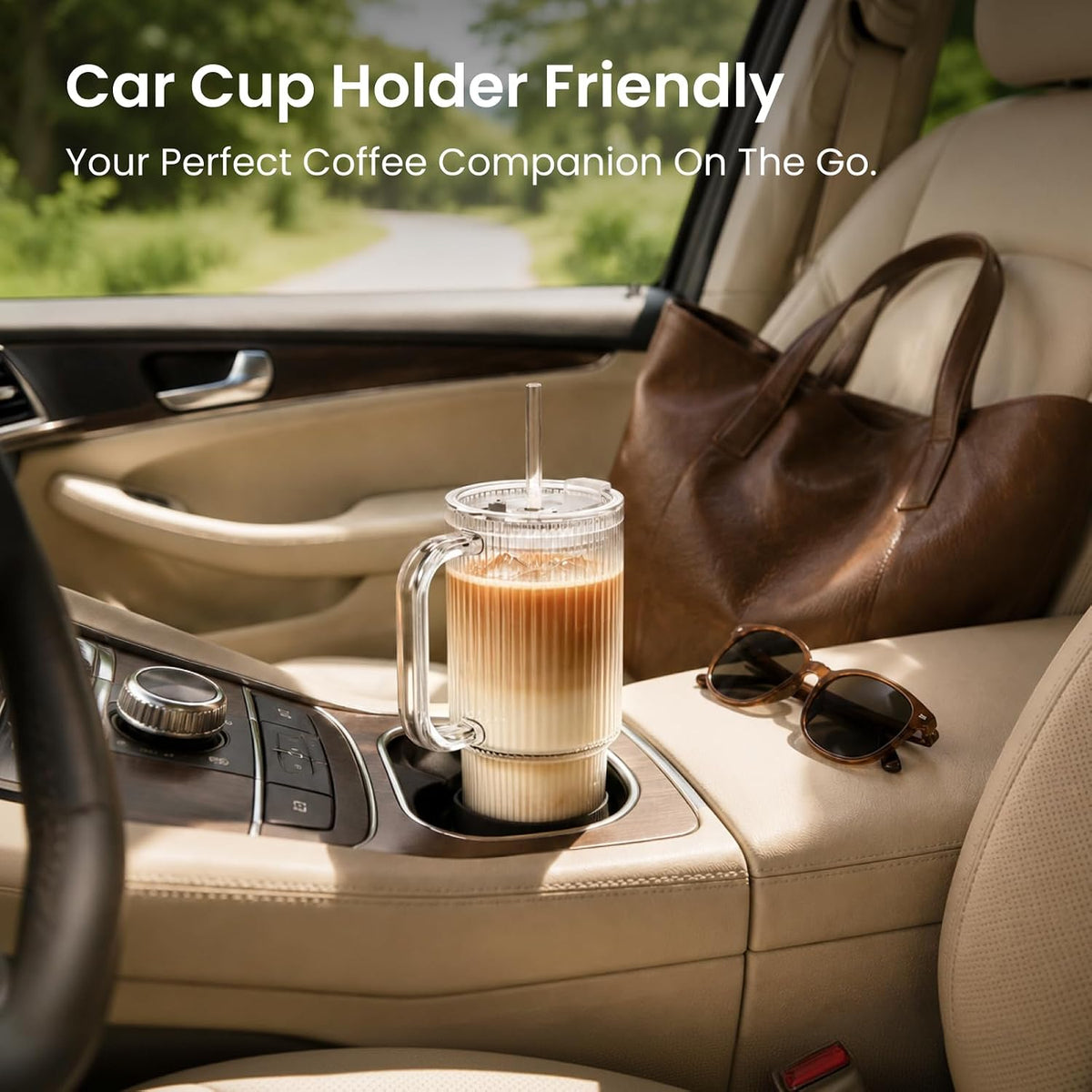 24 oz Ribbed Glass Tumbler with Handle, 2-Pack Iced Coffee Cups