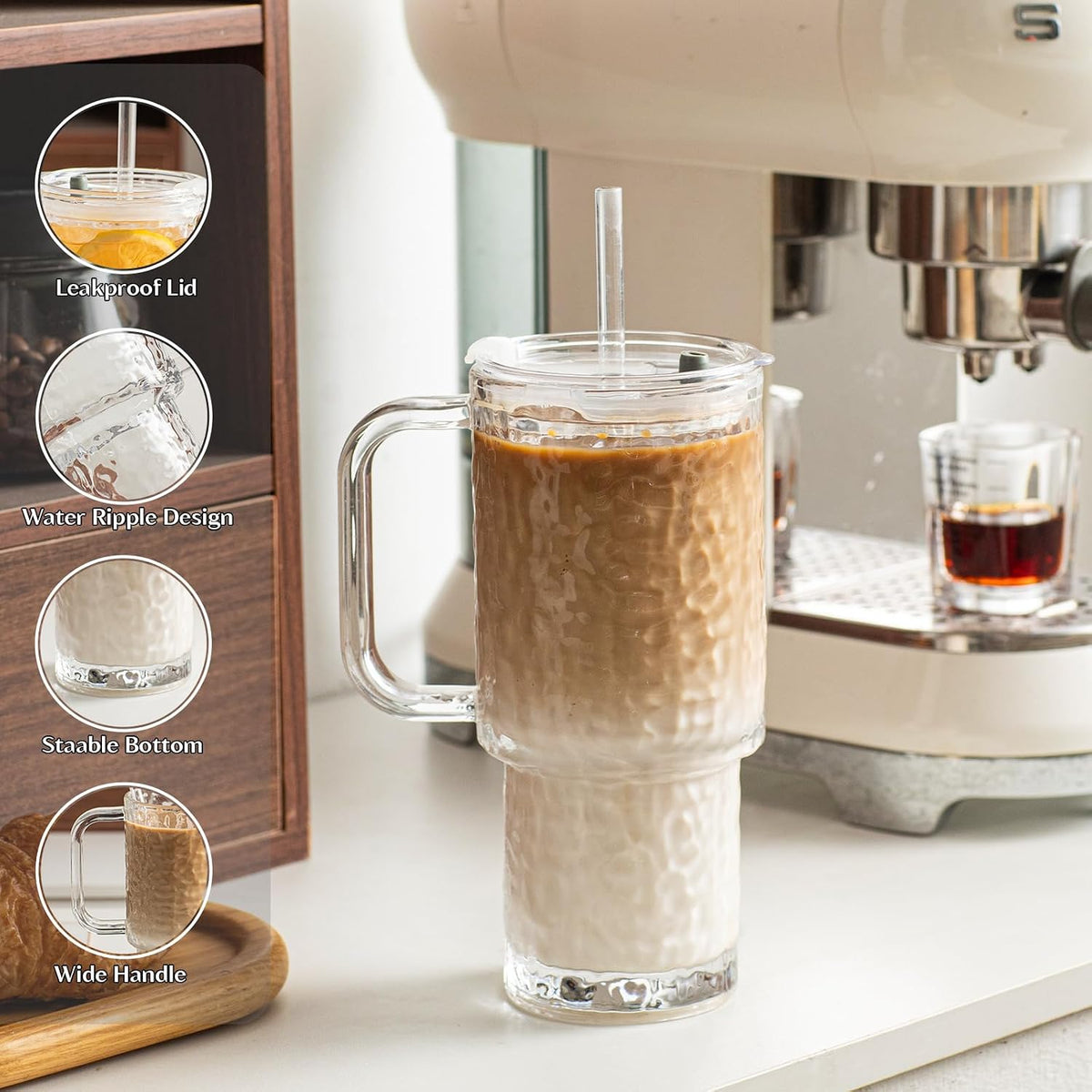 24 oz Ribbed Glass Tumbler with Handle, 2-Pack Iced Coffee Cups