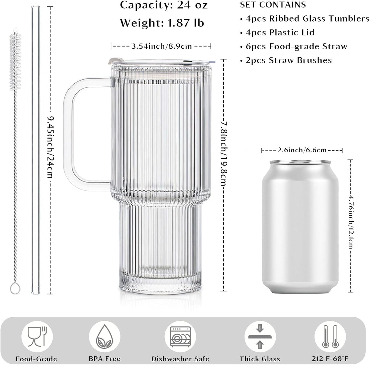 24 oz Ribbed Glass Tumbler with Handle, 2-Pack Iced Coffee Cups