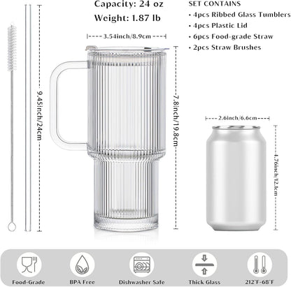 24 oz Ribbed Glass Tumbler with Handle, 2-Pack Iced Coffee Cups