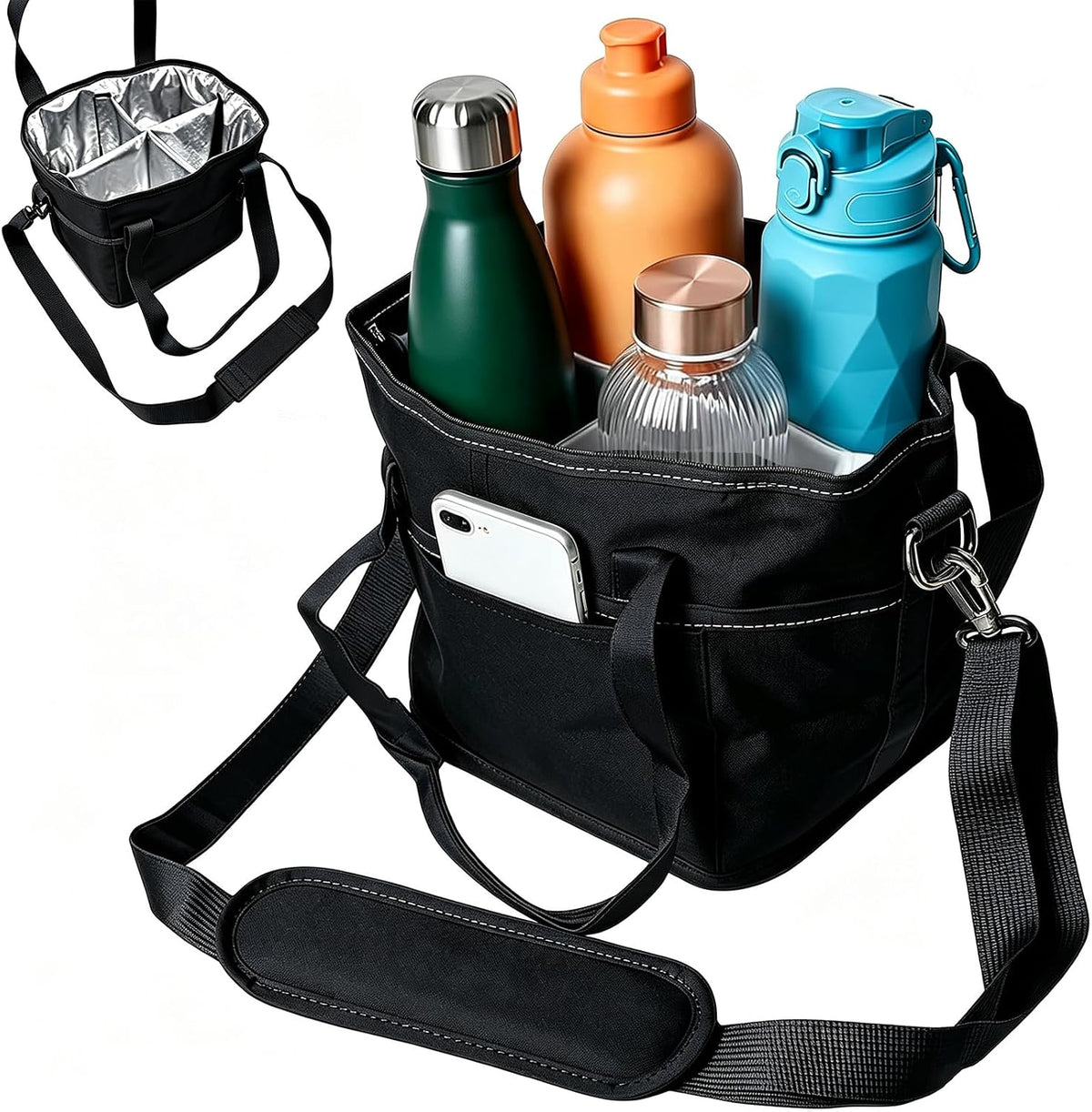 Insulated Drink Carrier for 4 Cups，4 Compartment Drink Bag with Adjustable Strap，4 Water Bottle Holder with Strap for Coffee, Travel, Outings