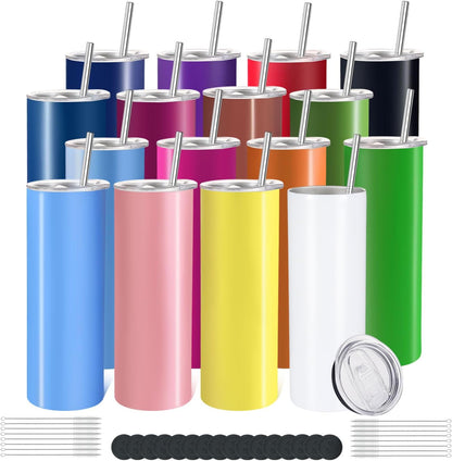 16 Pack Skinny Tumblers 20oz Bulk Straight Stainless Steel Double Wall Vacuum Insulated Tumbler with Lid and Straw & Silicone Base for Travel, DIY, 16 Colors
