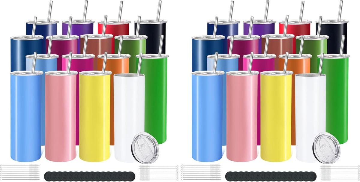 16 Pack Skinny Tumblers 20oz Bulk Straight Stainless Steel Double Wall Vacuum Insulated Tumbler with Lid and Straw & Silicone Base for Travel, DIY, 16 Colors